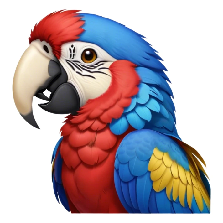 Cinematic Realistic Cute Yawning Macaw Portrait Emoji, Head tilted slightly with a dramatic, wide-open yawn, showcasing a soft, downy arrangement of vivid scarlet and blue feathers with gently drooping features and half-closed, drowsy eyes, rendered with lifelike feather detail and natural lighting, high shine, relaxed yet expressive, styled with a dash of tropical whimsy, soft glowing outline, capturing the essence of a sleepy yet affectionate macaw that appears ready to rest its wings in a quiet, enchanted moment! sticker