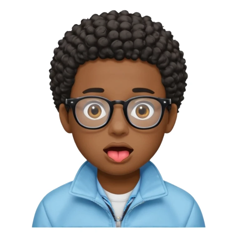 A dark-skinned boy with short curly hair, wearing square black-framed glasses, is sticking out his tongue and is wearing a light blue jacket. The figure is seen from the shoulders up. sticker