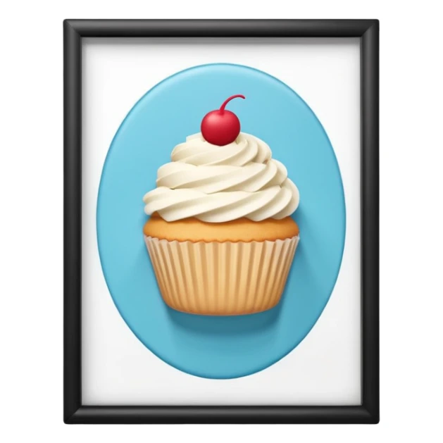 A 3D cartoon cupcake advertisement poster hanging on a wall, visible border, flat lighting, Memoji-style. sticker