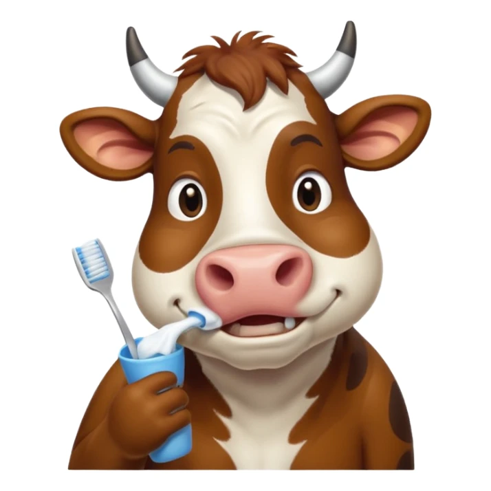 A cow brushing its teeth, looking sleepy and drowsy, portrait, bust up sticker