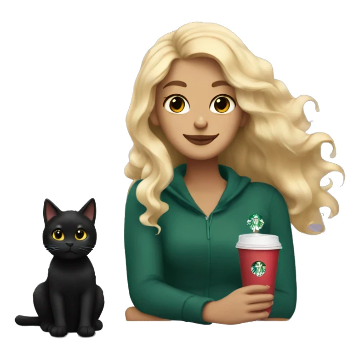 A black cat and a blonde wavy hair girl sitting drinking starbucks sticker