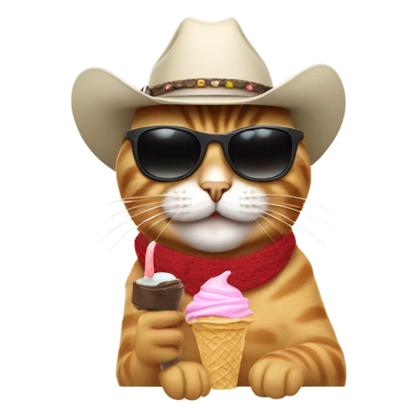 cat eating ice cream while wearing sunglasses with a cowboy hat sticker