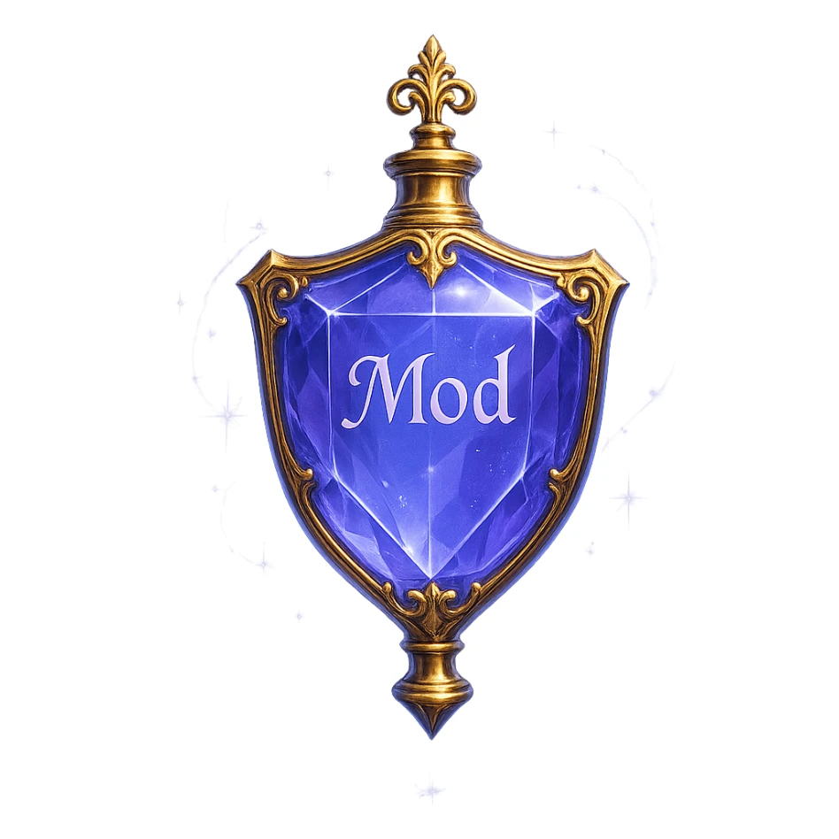 luxurious crystal elixir bottle in shield shape, color #7986cb, with inscription 'Mod', lots of glow, edges, ornaments, golden details, magical effects, very small golden neck, transparent background, beautiful seamless bottom, bottle clearly floating in air, no base or shadow, premium class, modern, fits collection sticker