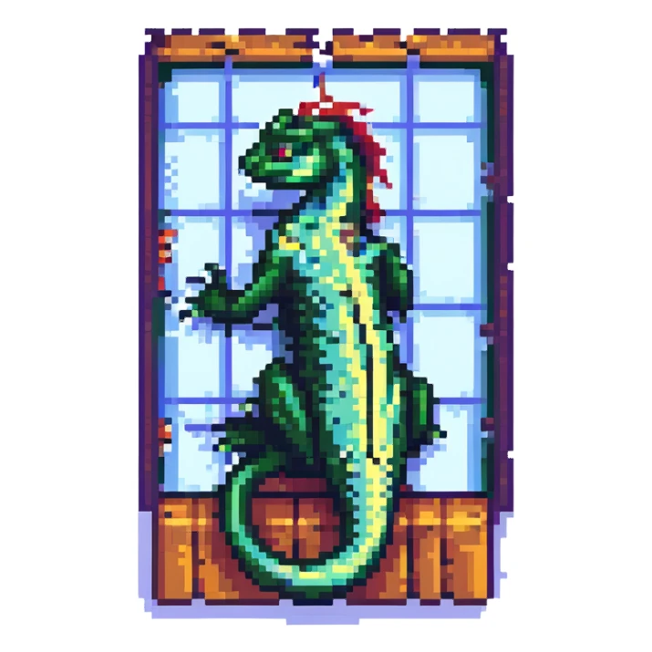 pixel art of a mythic basilisk wrapped protectively around the Windows symbol, 8-bit style sticker