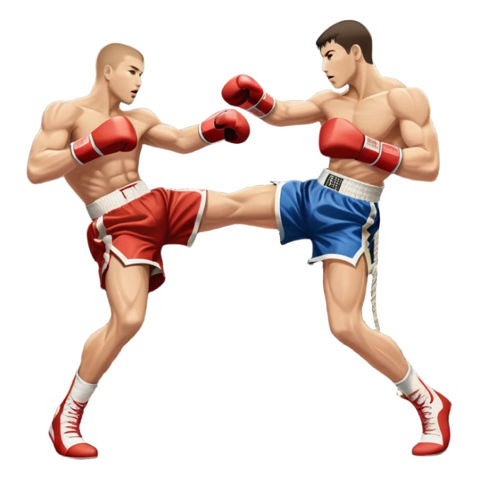 An icon symbolizing kickboxing, featuring two fighters in the ring. One throws a powerful high kick, while the other counters with a punch. The background shows a boxing ring with ropes and a crowd in the distance. Transparent background emphasizes the dynamic energy sticker