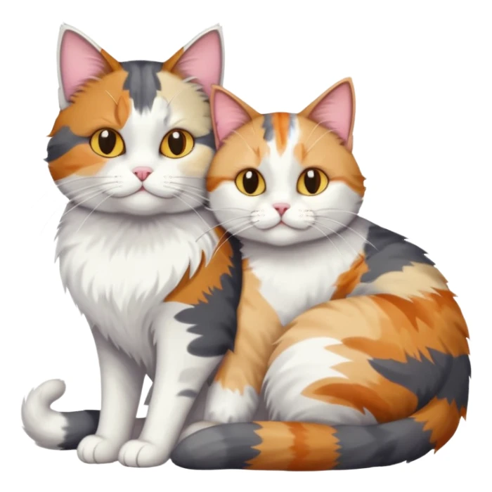 full body colourful light patched calico + white tabby cat cuddling a large grey and white cat  sticker