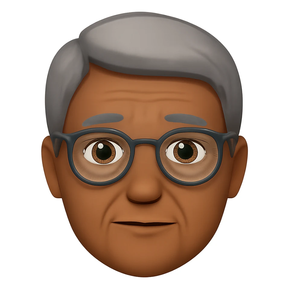 Make the middle aged Asian man look a little older with slightly gray hair, keep glasses, in emoji style, no background. sticker