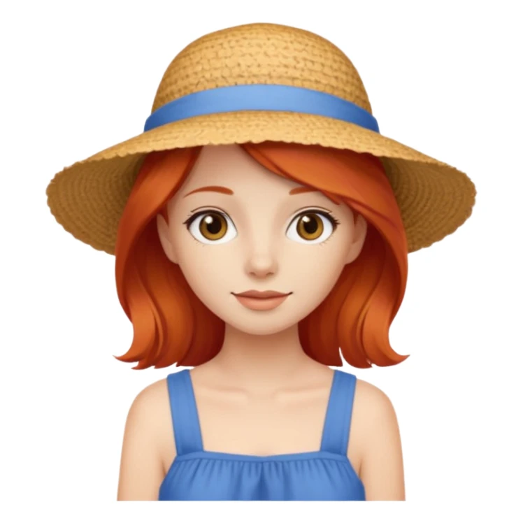 girl_wearing_summer_hat_red_hair, blue dress sticker