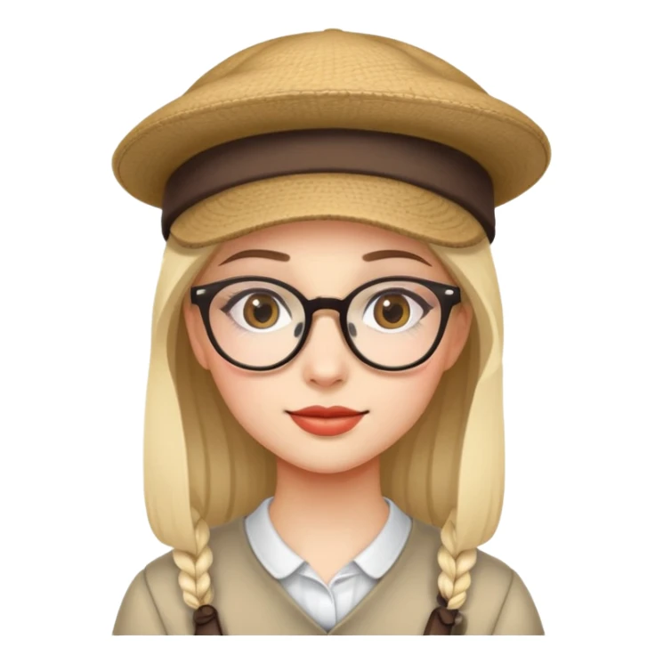 A girl with glasses and a hat sticker