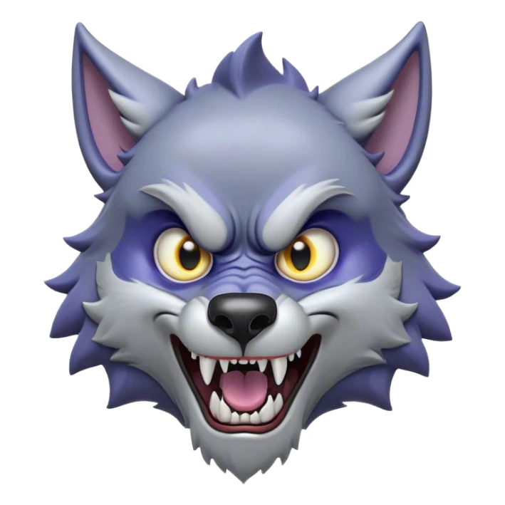Cinematic Comical Werewolf Portrait Emoji, with a whimsically exaggerated lupine face in vivid moonlit grays and silvers, head cocked in a dramatically shocked expression with comically oversized, wide eyes and a playful snarl, simplified yet hilariously expressive, highly detailed with a soft cartoonish glowing outline capturing the mischievous humor of a werewolf mid-transformation! sticker