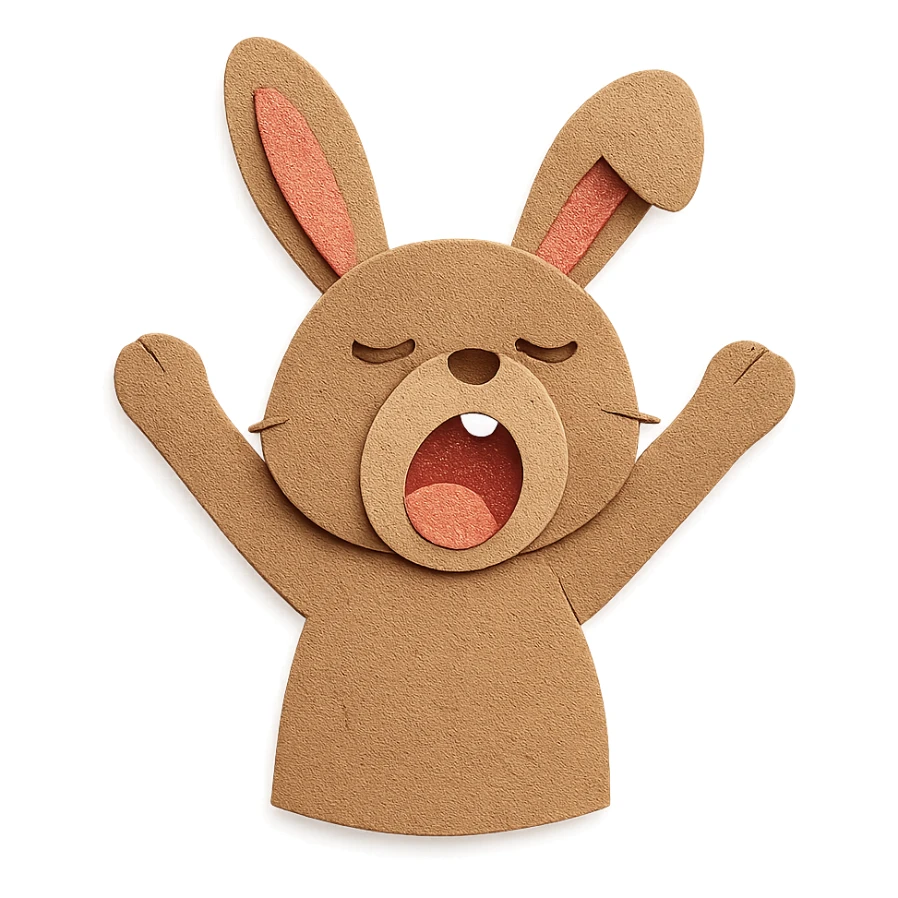 brown bunny stretching arms while yawning, paper-craft style sticker