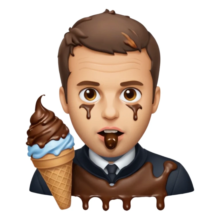 Emanuel macron avec une glace au chocolat et du chocolat autour de la bouche sticker