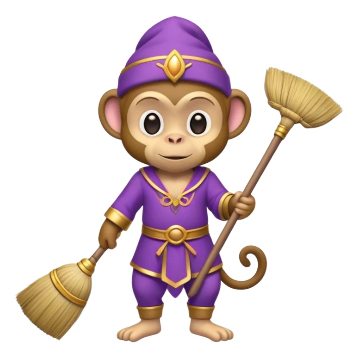 genie monkey, purple clothing, holding a broom sticker