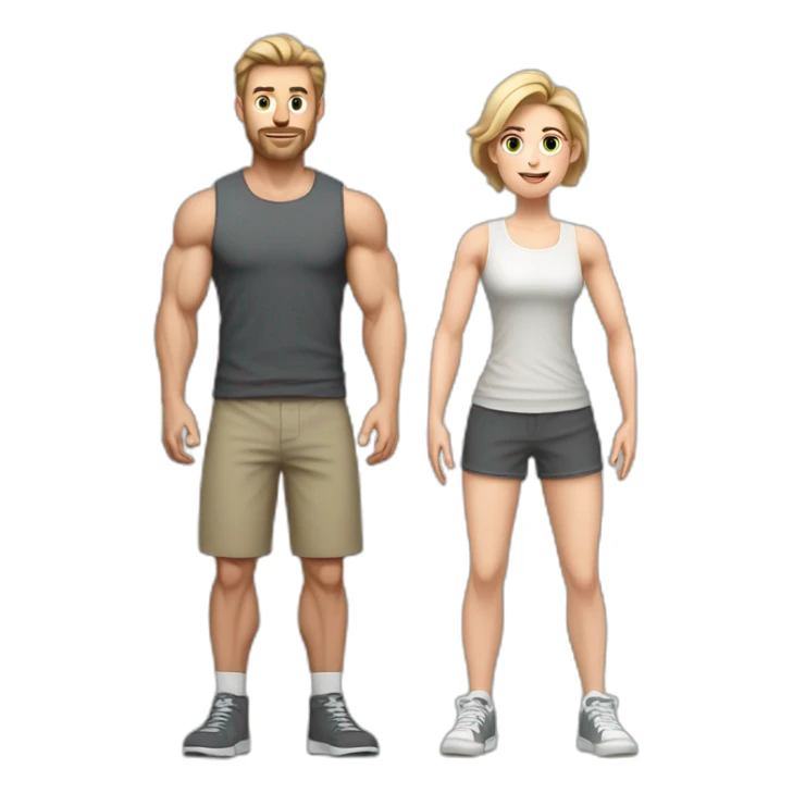 Full height Actively gesturing with hands Pale skinned Fit Man With the biceps and light brown hair with Bristle in dark gray Sleeveless Mike, beige oversize sports shorts and white Sneakers sticker