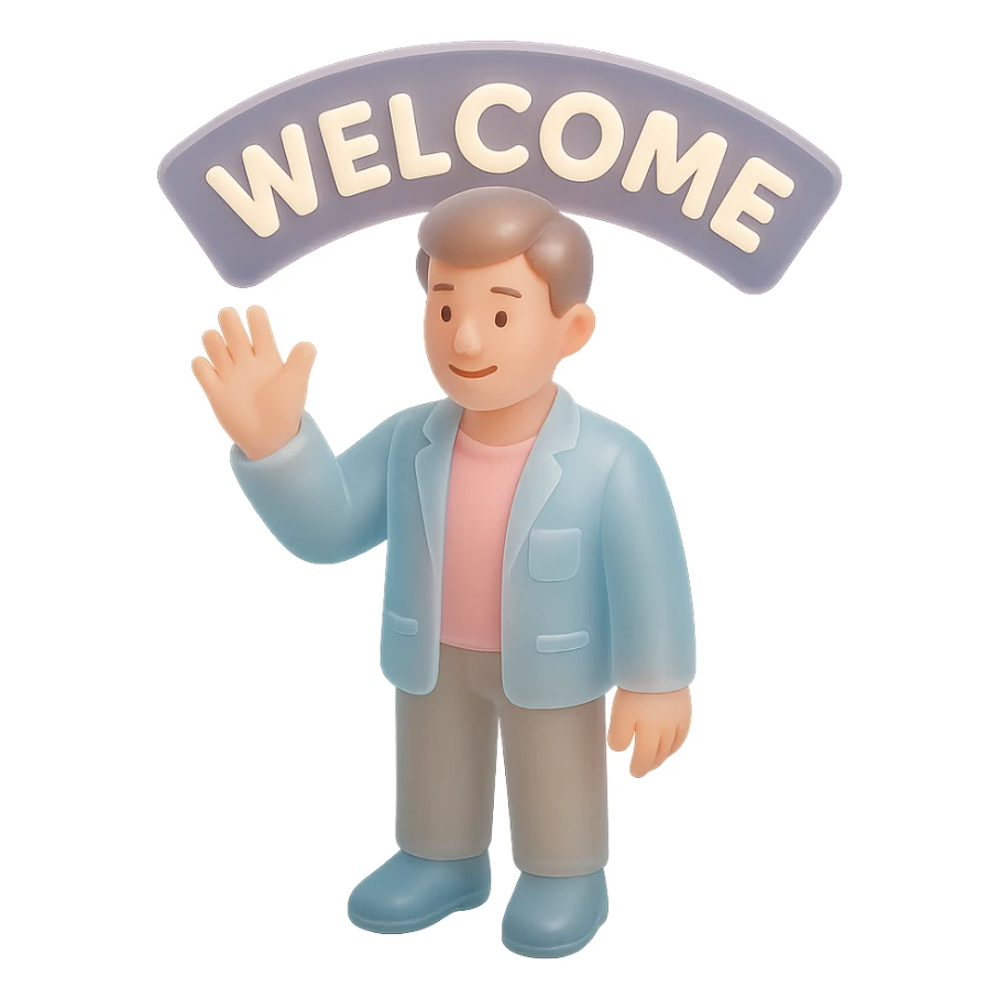 human character, center-frame, casual smart clothing in pastel blues, pinks, and neutrals, warm smile, one hand raised in a wave, stylized 'Welcome' banner behind, isometric perspective, soft diffuse studio lighting, subtle shadows, light depth of field, smooth rounded shapes, realistic skin texture, clean polished surfaces, modern minimalistic setting sticker