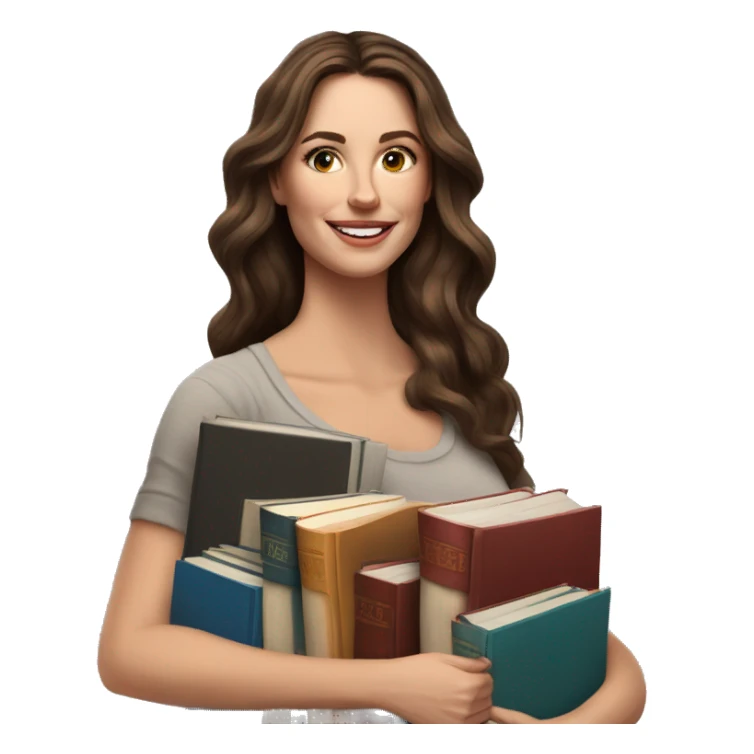 white woman brunette long wavy hair highlights woman while holding large stack of books sticker
