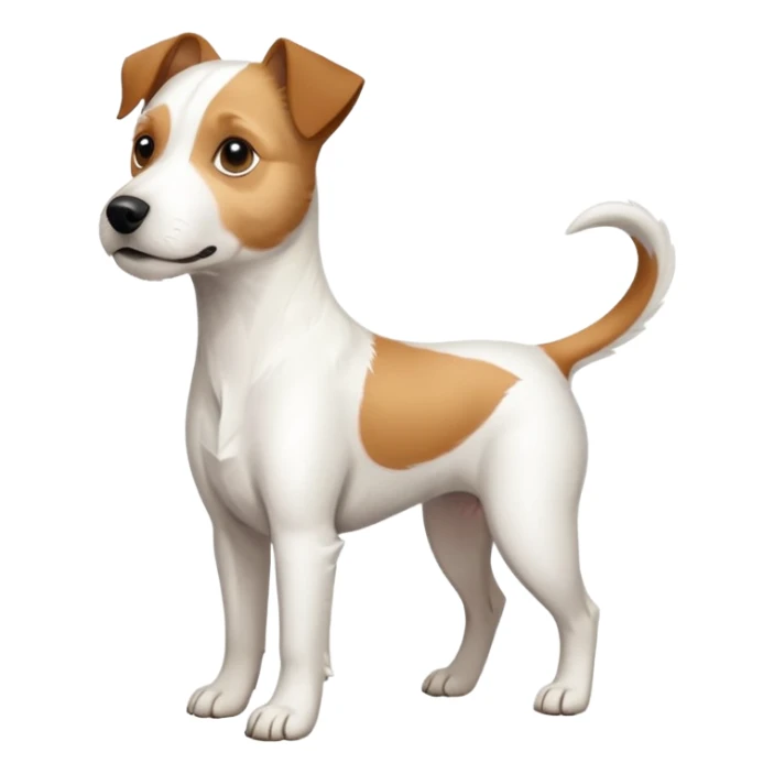 a full body white parson russell looking dog the size of a kelpie with light brown ears and a light brown patch on one eye and a large snout sticker
