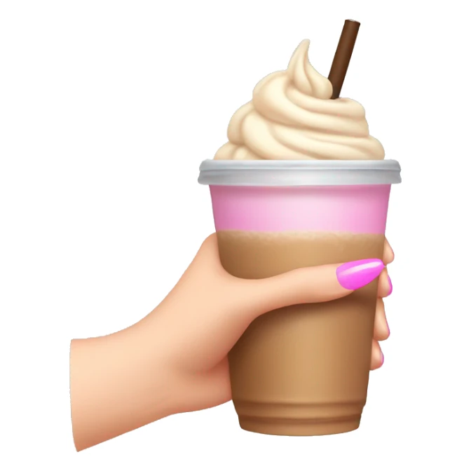 white left female hand with long pink nails clutching iced  coffee sticker