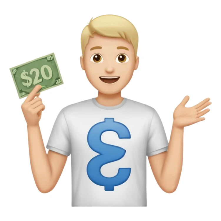 guy excitedly holding a sign showing $20,000/month sticker