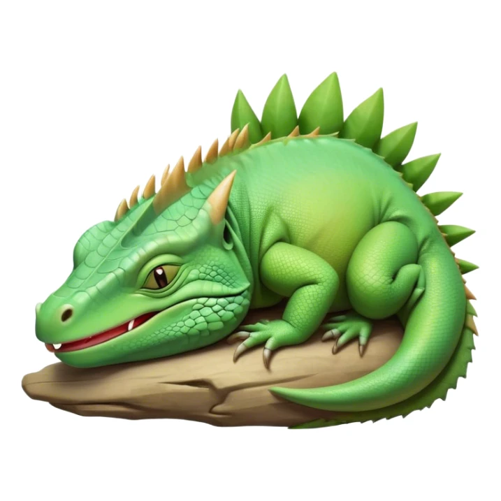 Meme-Worthy Cute Sleeping Iguana Portrait Emoji, Head resting peacefully with a contented smile, showcasing a solid, textured body with a subdued spiky crest and eyes gently closed in serene slumber, Simplified yet adorably endearing features, highly detailed, glowing with a soft, drowsy jungle light, high shine, relaxed and utterly lovable, stylized with an air of playful laziness, soft glowing outline, capturing the essence of a sleeping iguana that feels destined to become the next viral icon of adorable rest! sticker