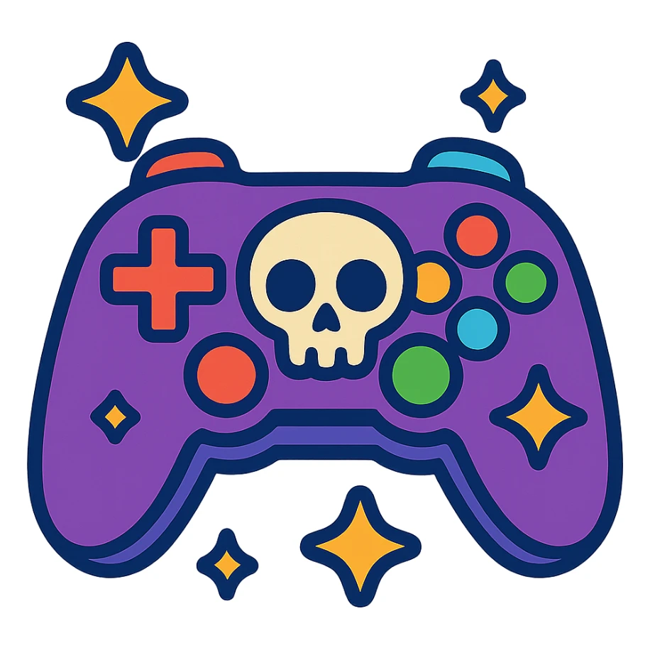 a game controller with a skull motif, rainbow buttons, and sparkles, vibrant toon style, for an inclusive gaming group sticker