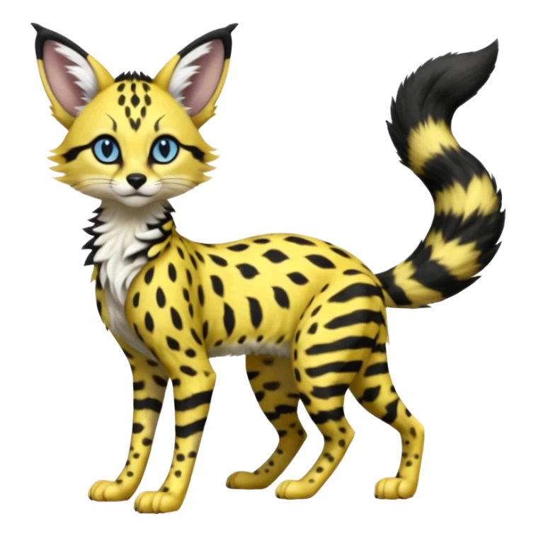 beautiful elegant spotted hype-realistic, black-maned, vibrant yellow Genet-Serval-Sergal-Margay-Fox-fusion-hybrid-furry-fursona, full body, with a long puffy fluffy black-and-white-striped tail, black long big ears, with natural blue eyes sticker