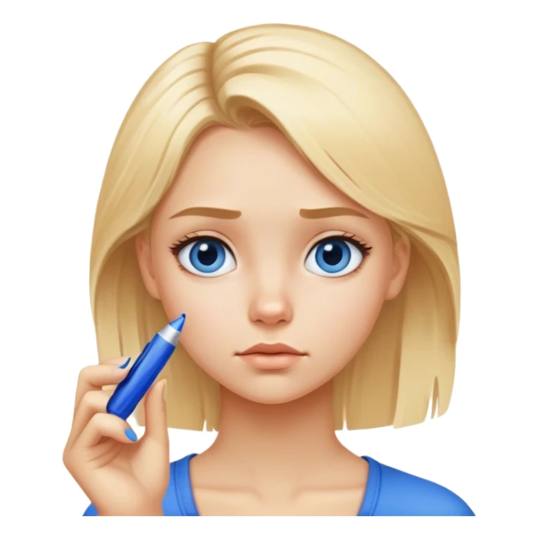 Blond girl with a blue marker in hand with Pensive facial expression sticker