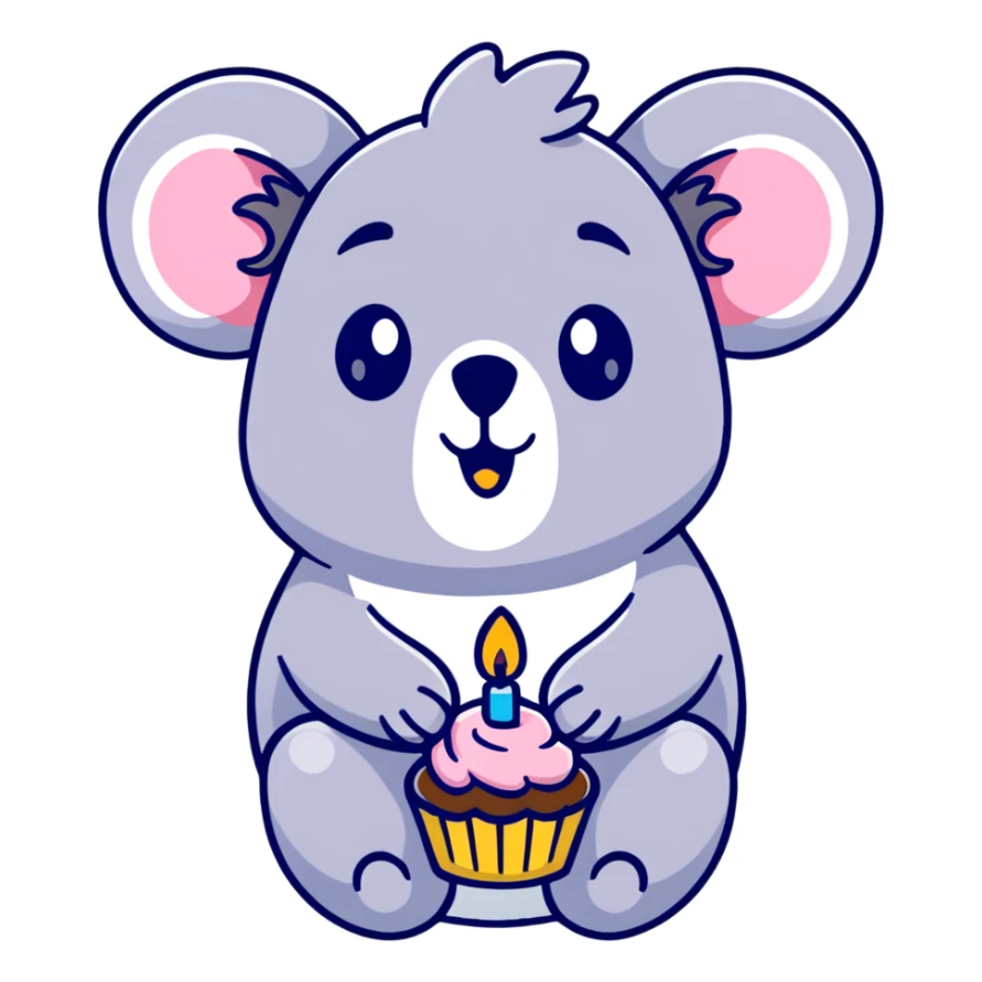 happy koala holding cupcake with 1 star candle sticker