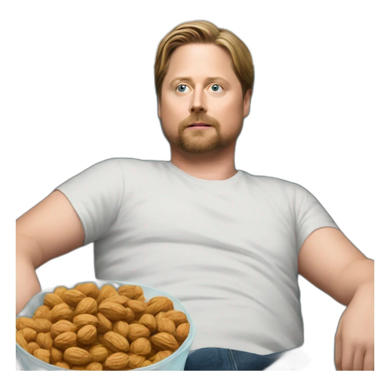 tim heidecker with a beard lazy lounging on couch holding a plastic ziploc bag of walnuts sticker