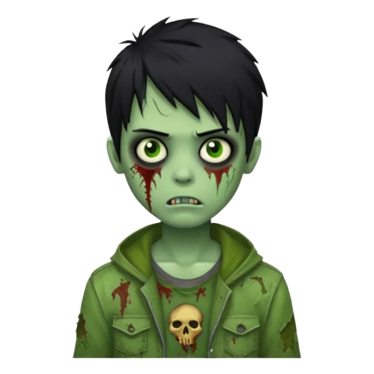 boy zombie with black hair, emo style, green skin, tattered clothes sticker