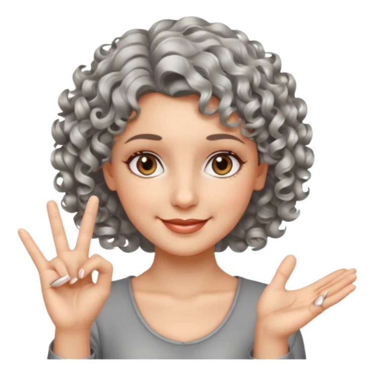 silver, short, wavy-haired with curls, smiling pretty lady, index and middle fingers crossed on one hand, hazel eyes sticker