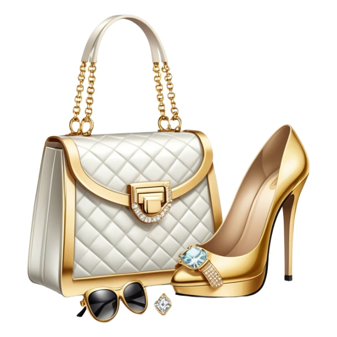 A photorealistic icon featuring luxurious fashion accessories like a high-end handbag, elegant high heels, a sparkling diamond necklace and a stylish pair of sunglasses. The design includes gold accents, purfume, and glamorous textures, fashion, and VIP luxury. Transparent background sticker