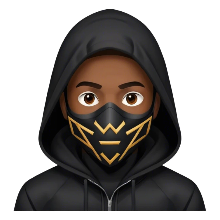 man with black hooded jacket and a only-black full-face geometric mask sticker