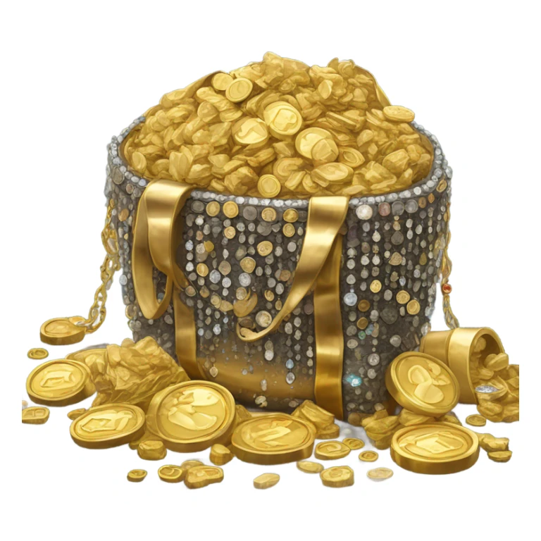 a bag of gold, crystals and metal sticker