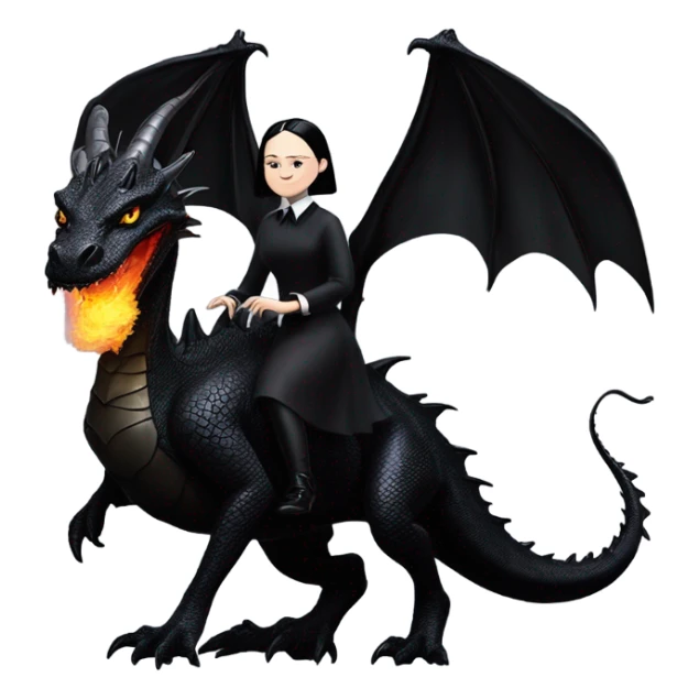 empowered and glamorously dressed, Wednesday Addams Malibu Beach Barbie Jedi flying/riding on the back of a very large black shiny evil-looking fire-spewing horned dragon. proper scale sticker