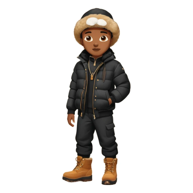 Handsome Black guy with brown skin tone, wear black joggers, a black bubble coat with a fur brim on the hood, and buckwheat timberland boots sticker