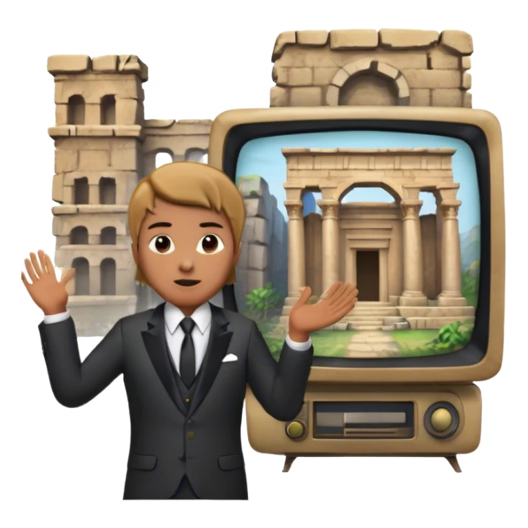 Icon for Documentary Film (TV style): a host presenting in front of video footage showing ancient ruins. The design should evoke a vintage TV broadcast with historical content, complete with a clear view of the host and the ruins behind. Transparent background. sticker