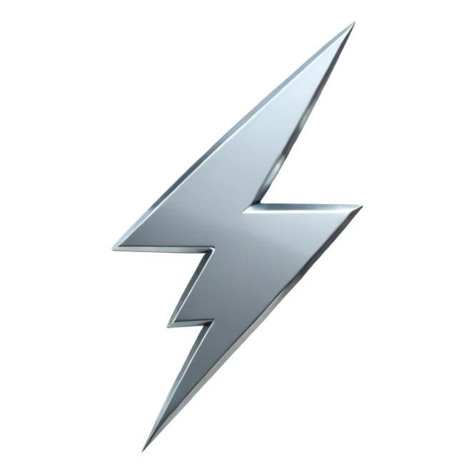 A lightning bolt emoji made of polished silver chrome, sharp yet rounded edges, glossy metallic surface, soft reflections, minimal futuristic design, iOS emoji style, centered, clean white background sticker