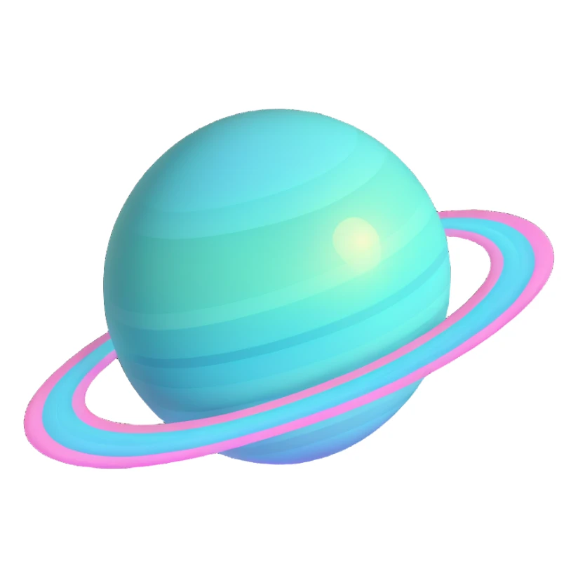 Planet Uranus emoji with planetary rings, colored like an opal gemstone with swirling iridescent pastel blues, greens, and pinks, glowing effect sticker