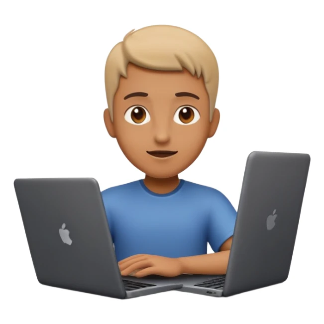 A dark-colored laptop with the screen open. From the screen, a person is emerging, giving a lecture or teaching. The person should look expressive and in a teaching pose. Soft shadows, semi-3D emoji style, clean background. sticker