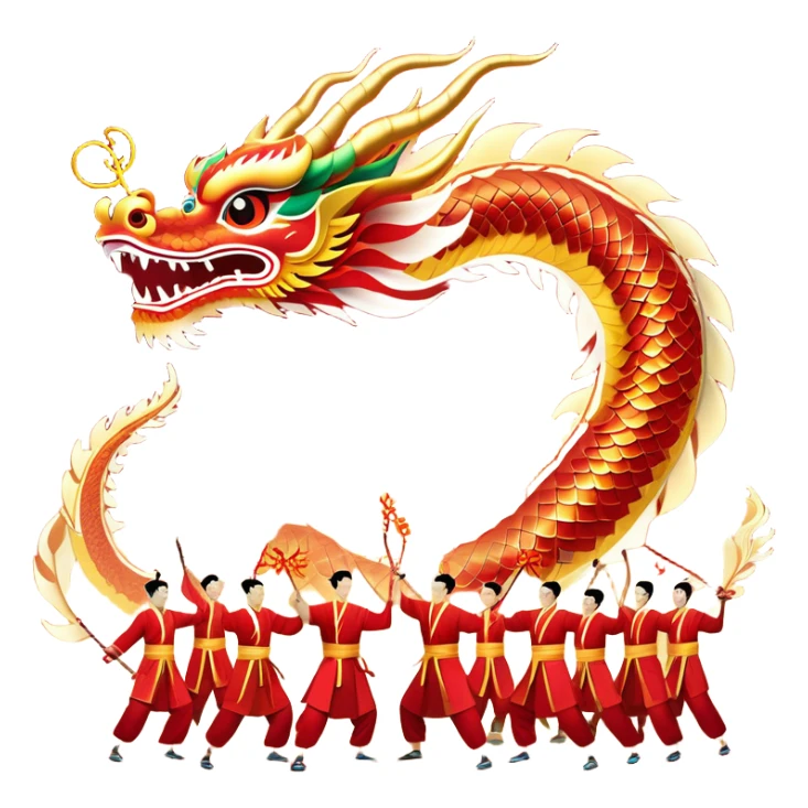 Cinematic Realistic scene of a Chinese Dragon Dance featuring performers energetically holding a vibrant dragon model aloft, with intricately detailed scales and dynamic flowing costumes, illuminated by festive red and gold lighting that captures the spirit of celebration. sticker