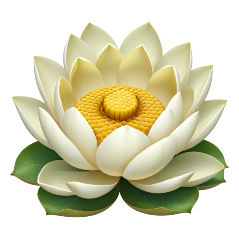 White lotus flower with botanically accurate yellow seedpod center showing honeycomb-like pattern of seed chambers, surrounded by white petals and accurate notched lotus leaf sticker