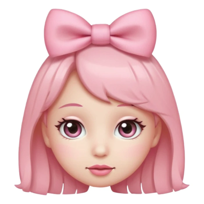 Cute coquette emoji, round face, big sparkling eyes, soft blush on cheeks, small pink bow on top of the head, pastel colors, simple vector style, transparent background


 sticker