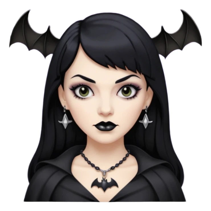 vampira mulher branca com cabelo preto longo com franja quadrada, sobrancelha grossa e lábios com batom preto com colar preto e pingente de morcego preto sticker