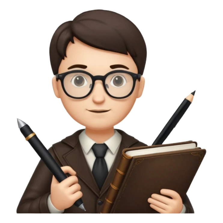 writer holding big pen in hand and book in other hand, wearing glasses sticker