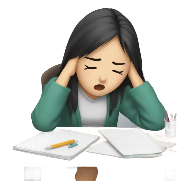 tired asian girl student struggling with final exam and assignments sticker
