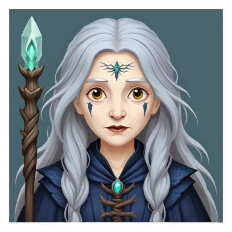 Baba Yaga sorceress woman with long wild hair, forest background sticker