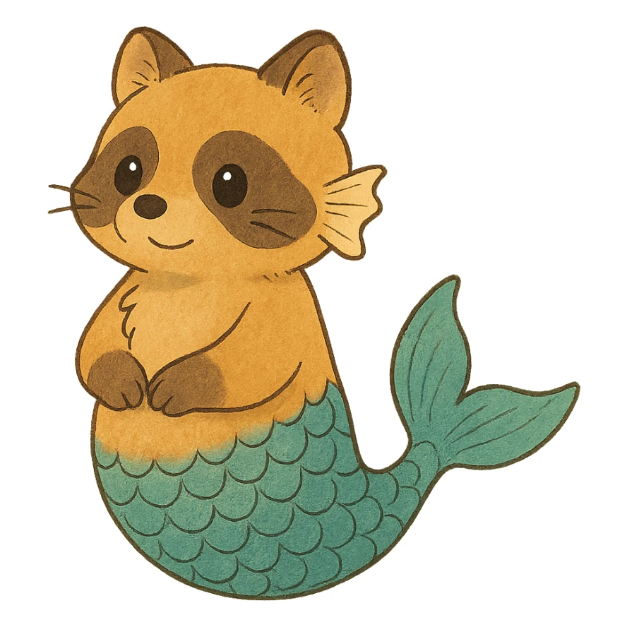 ghibli style cute raccoon with gills and a fish tail sticker