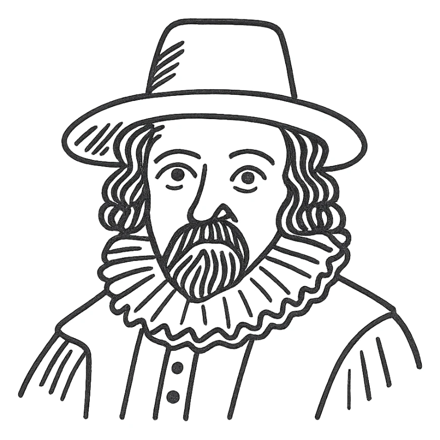 a hand drawn black outline portrait of philosopher Francis Bacon with similar-sized eyes based a famous portrait of him sticker