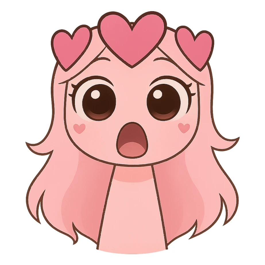 Change the pink character with heart hair to a surprised expression, with wide eyes and open mouth, in chibi stickers style. sticker